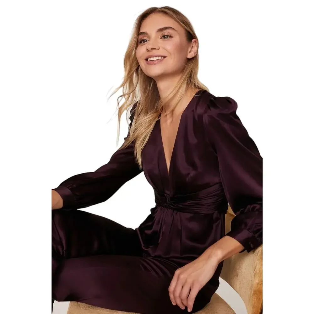 Mac Duggal Plum Purple Puff Sleeve Deep V Twist Jumpsuit Sz 2 - Picture 4 of 10